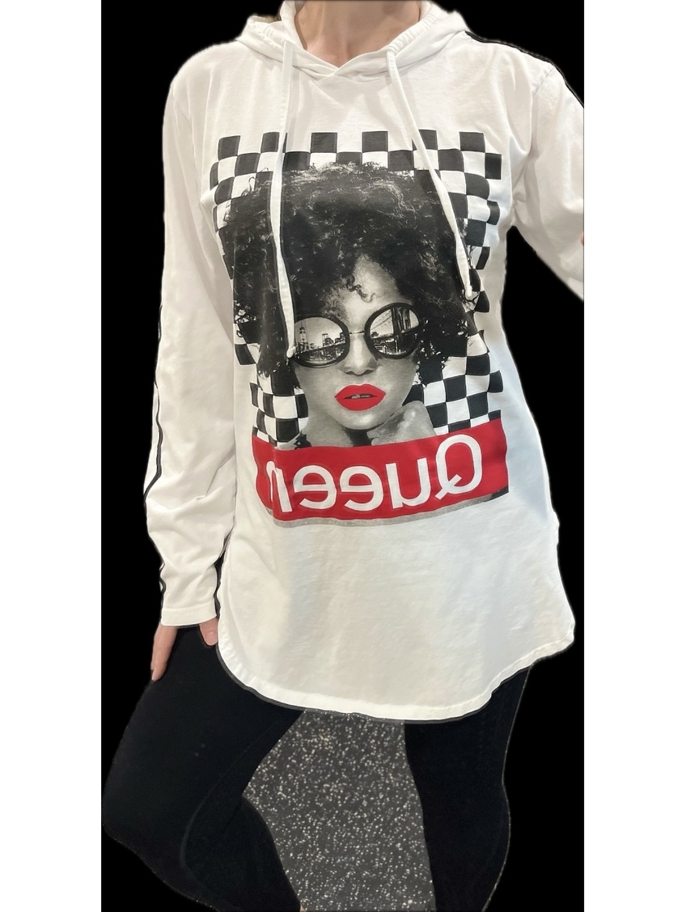 On Fire Women's White Graphic Hoodie Dress w 'Queen' Print Black Stripes